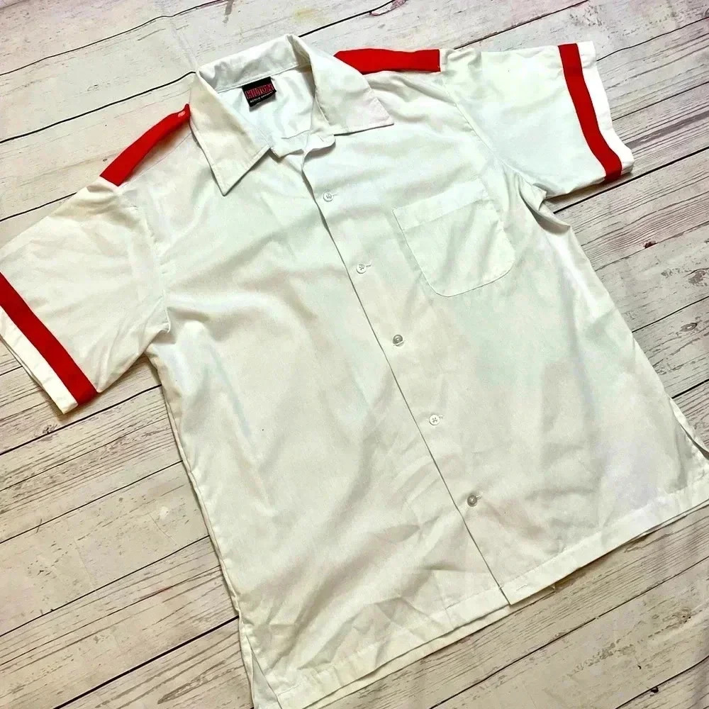 Vintage Mens Nautical Short Sleeve‎ Button Up Shirt VTG Salior White Red Striped